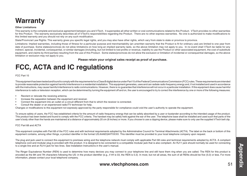 Fcc, acta and ic regulations, Warranty, Appendix | VTech I6767 User Manual | Page 54 / 60
