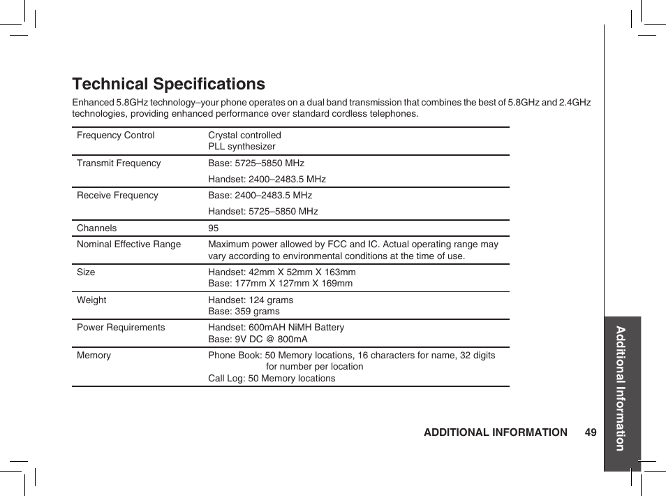 Technical speciﬁcations | VTech BS5872 User Manual | Page 49 / 53