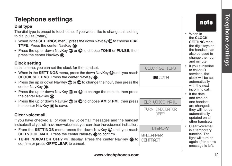 Clear voicemail, Clock setting, Dial type | Telephone settings, Te le ph on e s ett in gs, Bas ic o pe ra tio n | VTech i6790 User Manual | Page 15 / 61