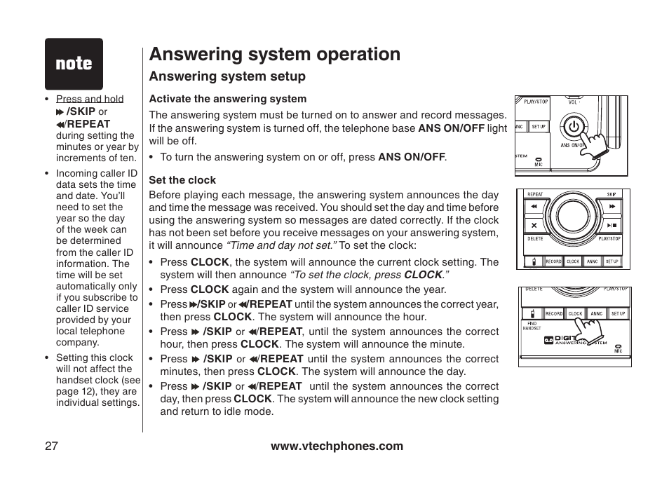 Activate the answering system, Answering system setup, Set the clock | Answering system operation | VTech i6790 User Manual | Page 30 / 61