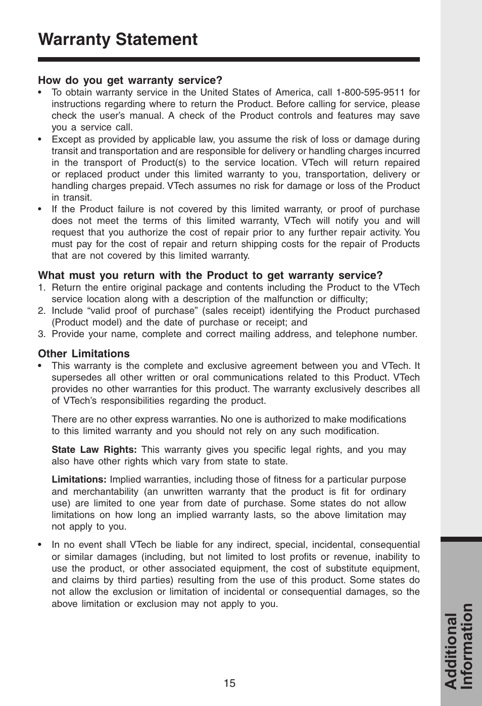 Warranty statement, Additional information | VTech i 5808 User Manual | Page 16 / 23