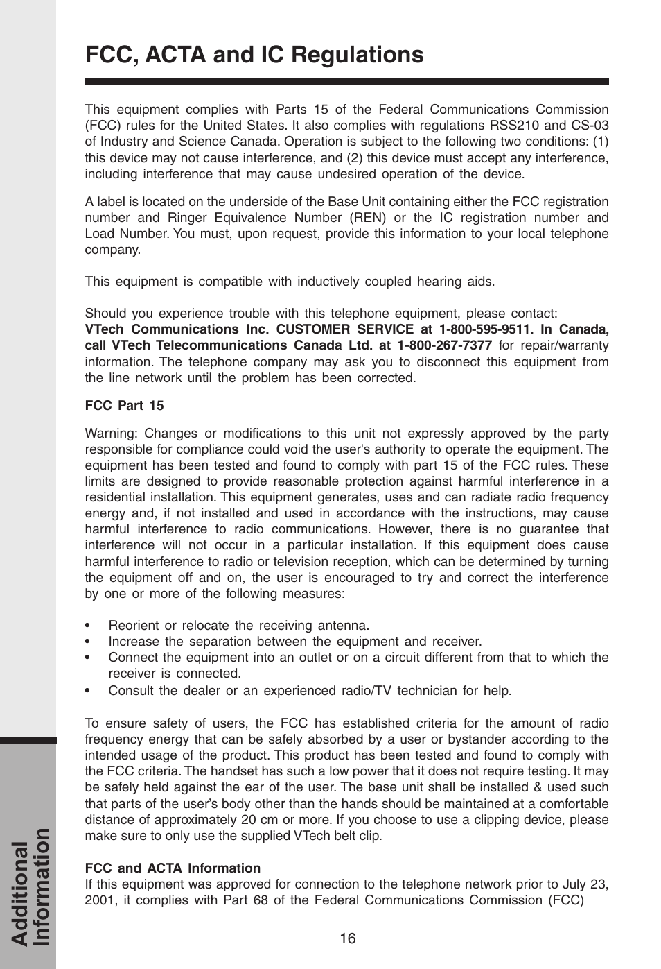 Fcc, acta and ic regulations, Additional information | VTech i 5808 User Manual | Page 17 / 23