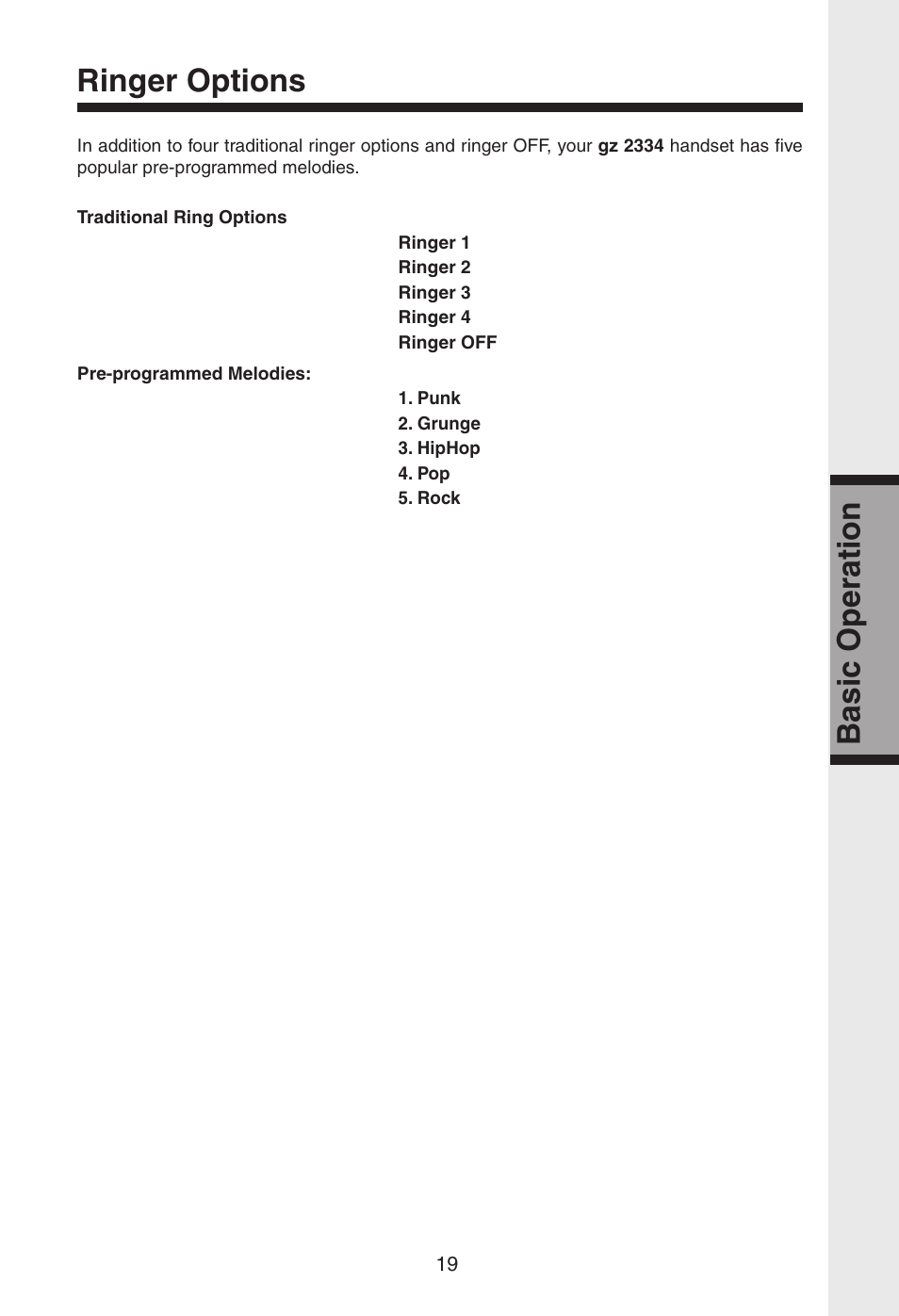 Basic operation, Ringer options | VTech gz2334 User Manual | Page 20 / 35