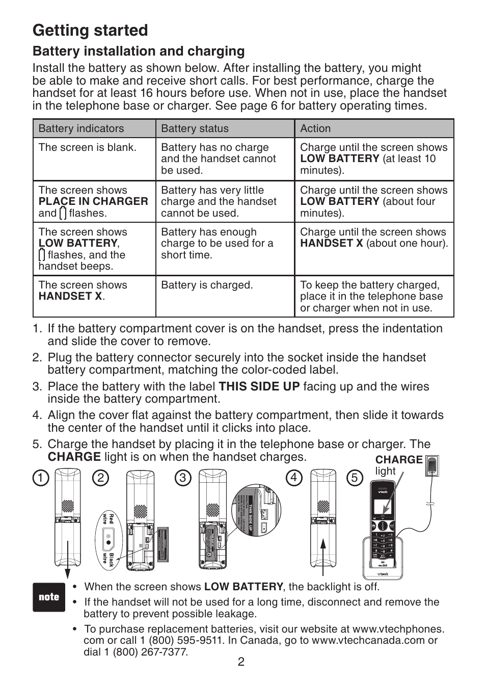 Getting started, Battery installation and charging | VTech LS6205 User Manual | Page 5 / 18