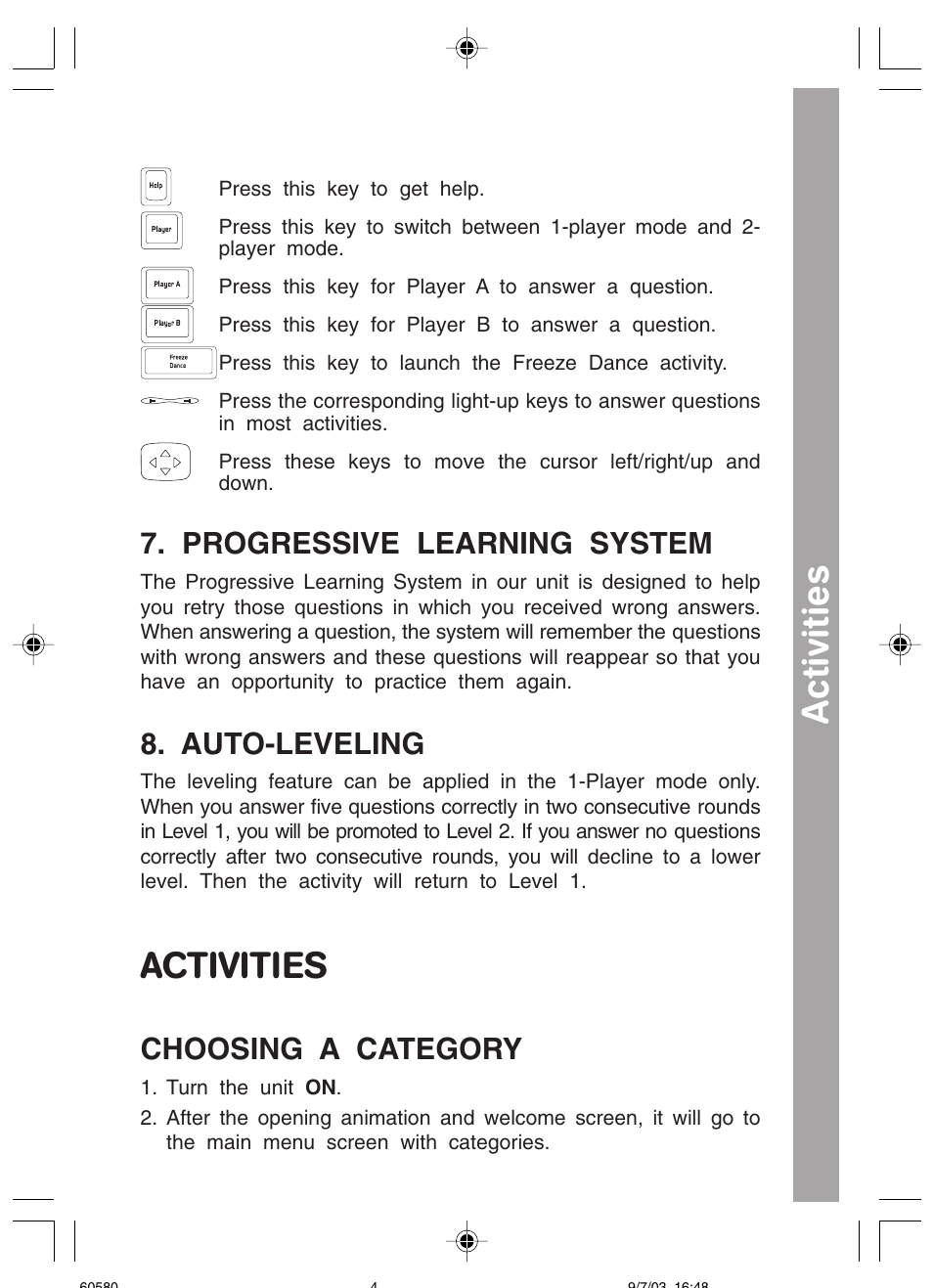 Activities, Progressive learning system, Auto-leveling | Choosing a category | VTech 91-01256-043 User Manual | Page 6 / 16