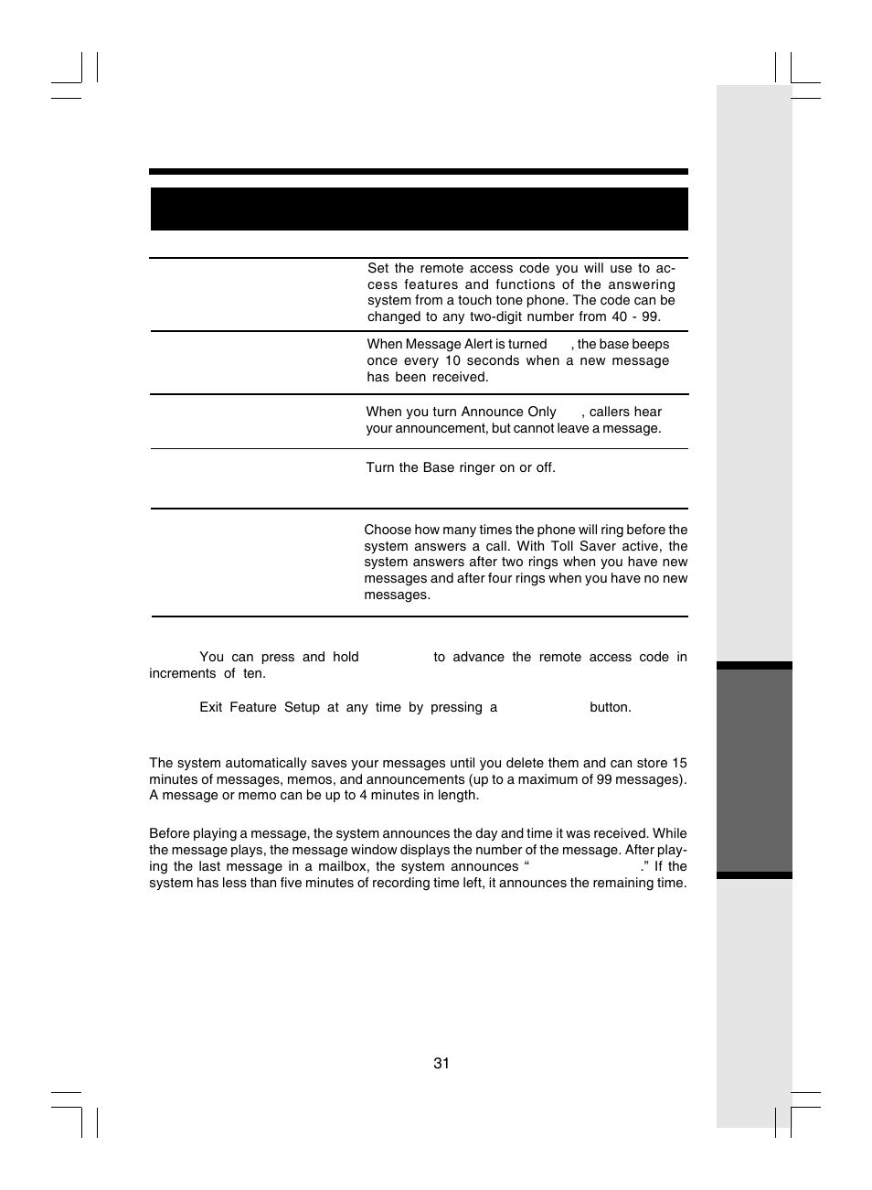 Answering system operation, Feature summary, Default settings indicated by | VTech i 5866 User Manual | Page 31 / 47