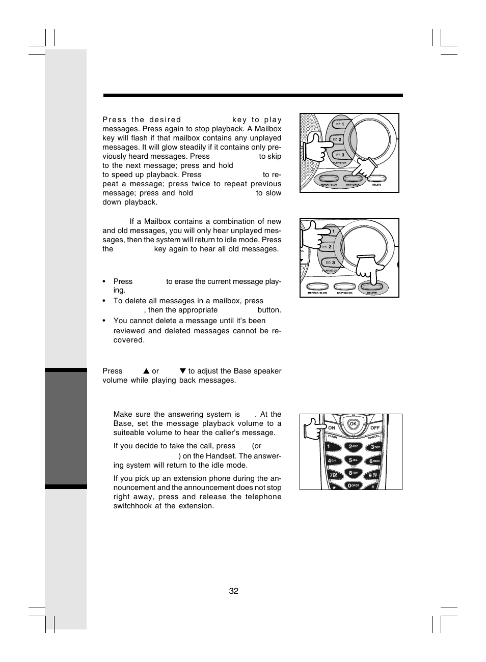 Answering system operation, Play messages, Delete messages | Adjust playback volume, Call screening/intercept | VTech i 5866 User Manual | Page 32 / 47