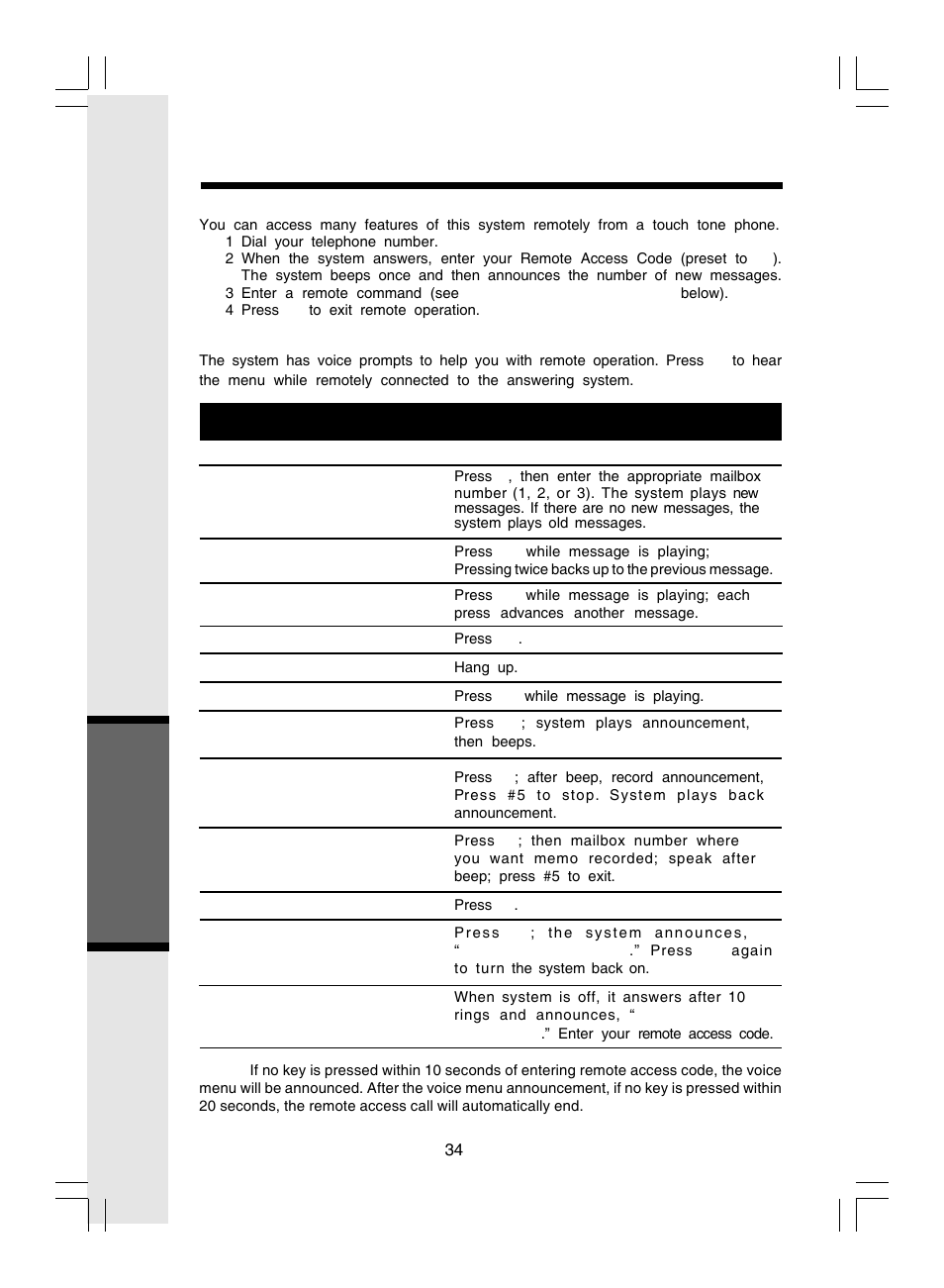 Answering system operation, Remote access commands | VTech i 5866 User Manual | Page 34 / 47