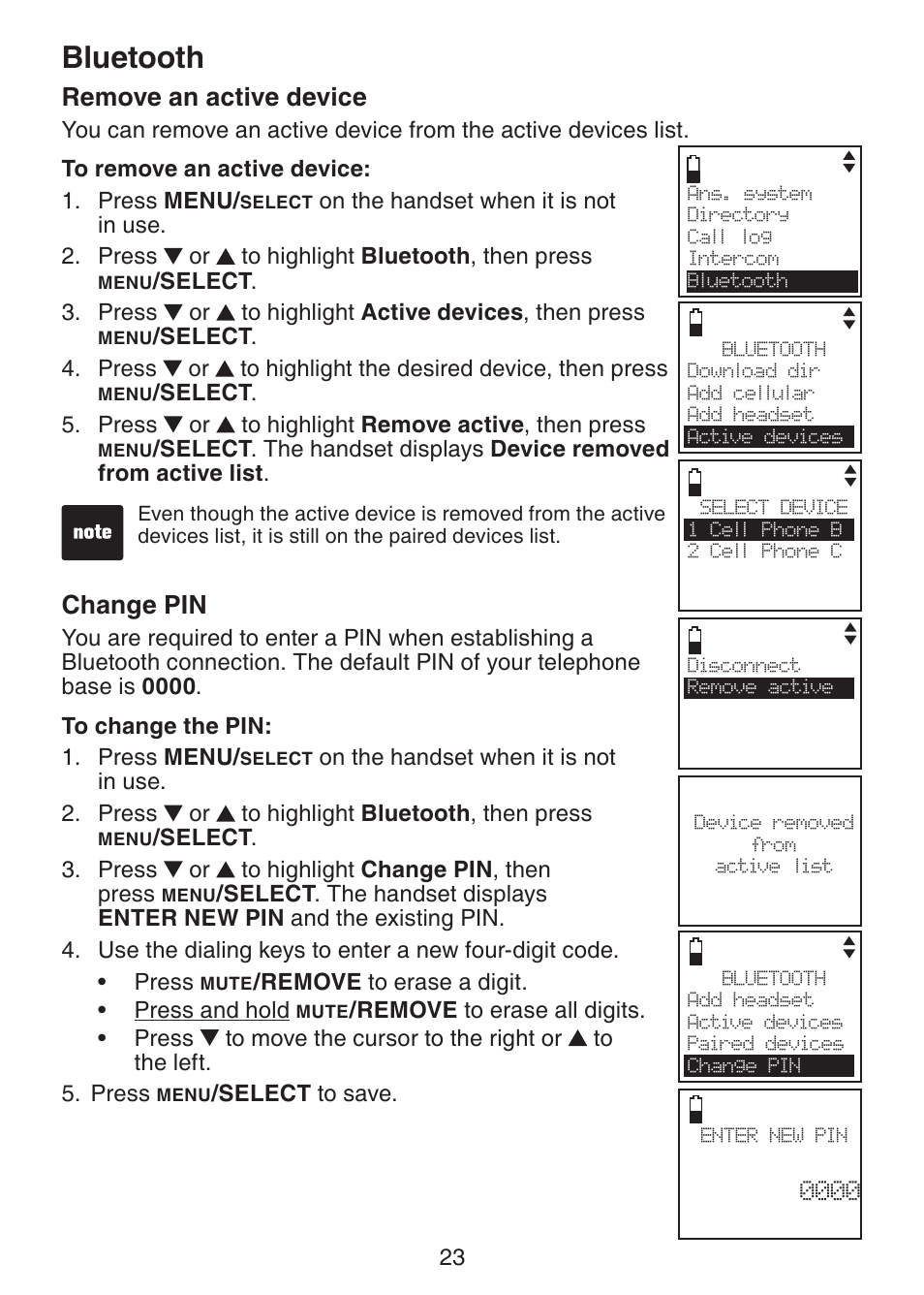 Remove an active device, Change pin, Bluetooth | VTech DS6321-3 User Manual | Page 27 / 101