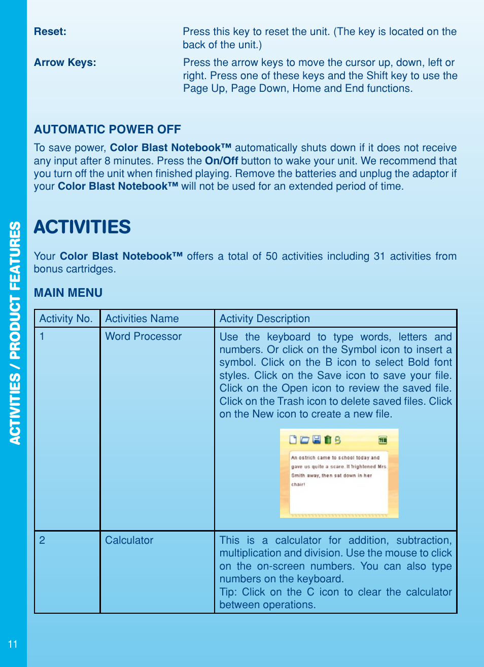 Activities, Activities / product features | VTech Color Blast Notebook User Manual | Page 12 / 24
