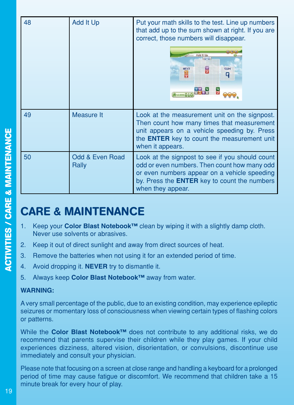 Care & maintenance, Activities / care & maintenance | VTech Color Blast Notebook User Manual | Page 20 / 24
