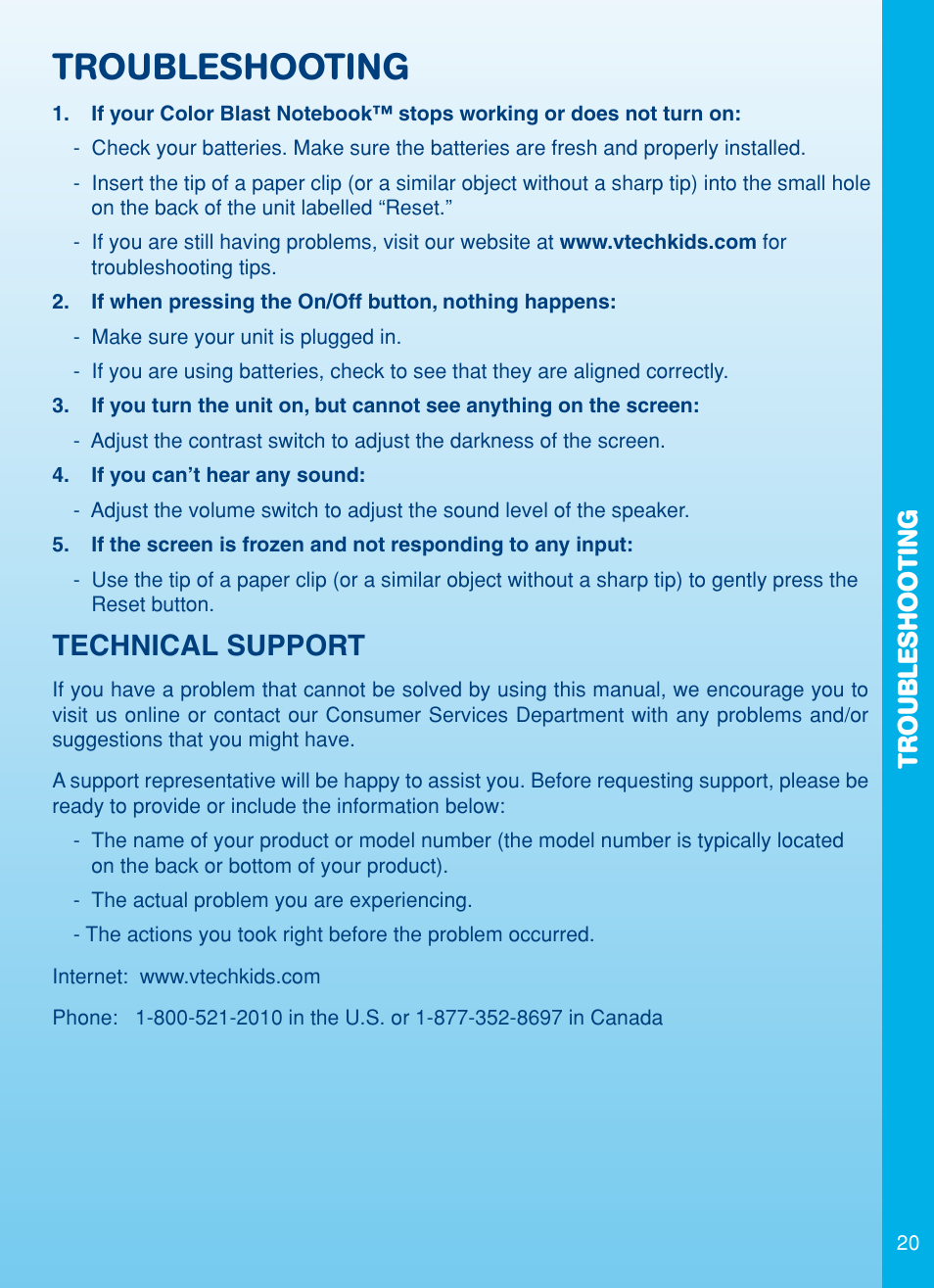 Troubleshooting, Technical support | VTech Color Blast Notebook User Manual | Page 21 / 24