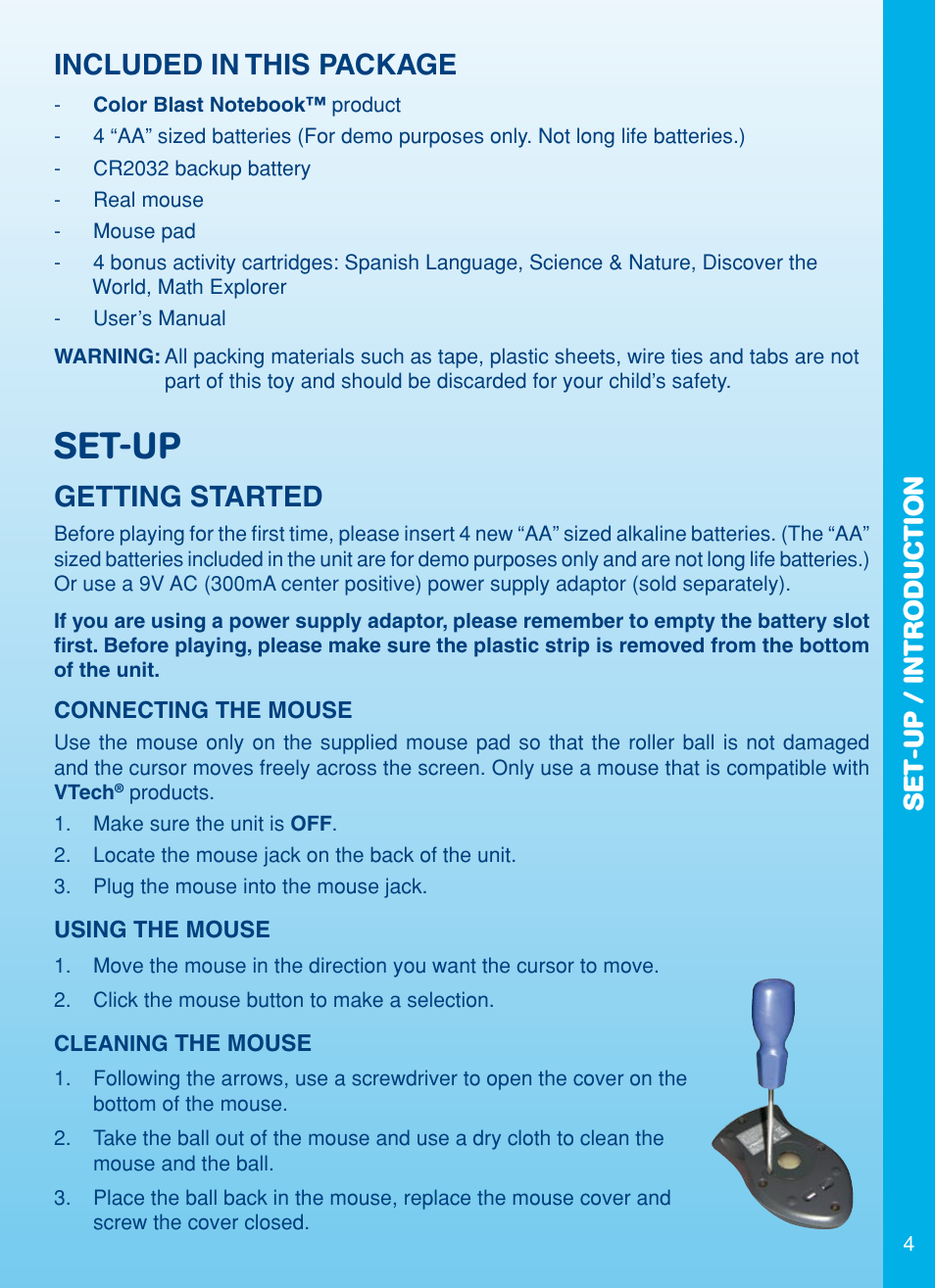 Set-up, Included in this package, Getting started | Set-up / introduction | VTech Color Blast Notebook User Manual | Page 5 / 24