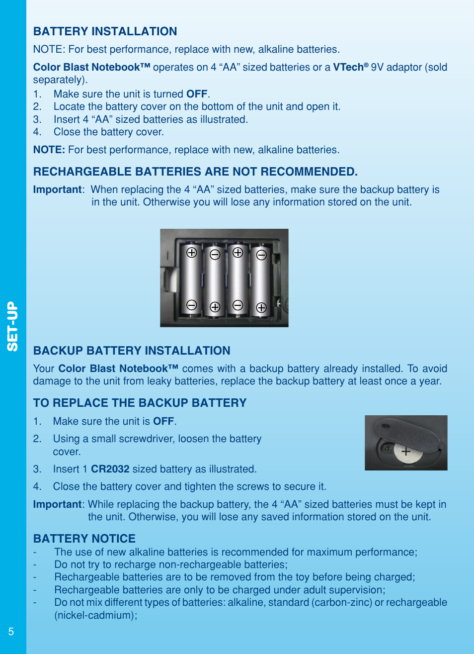 Set-up | VTech Color Blast Notebook User Manual | Page 6 / 24