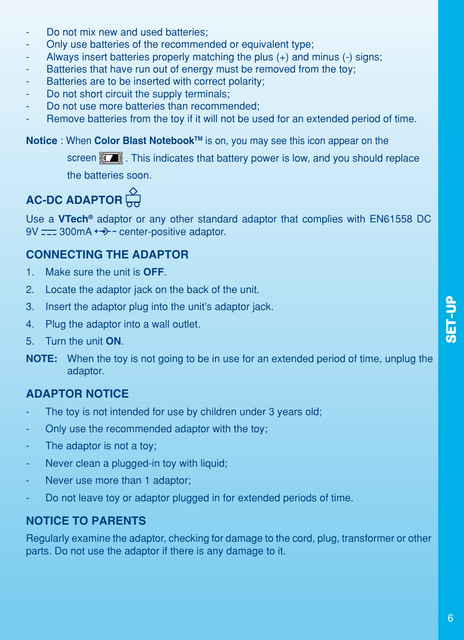 Set-up | VTech Color Blast Notebook User Manual | Page 7 / 24