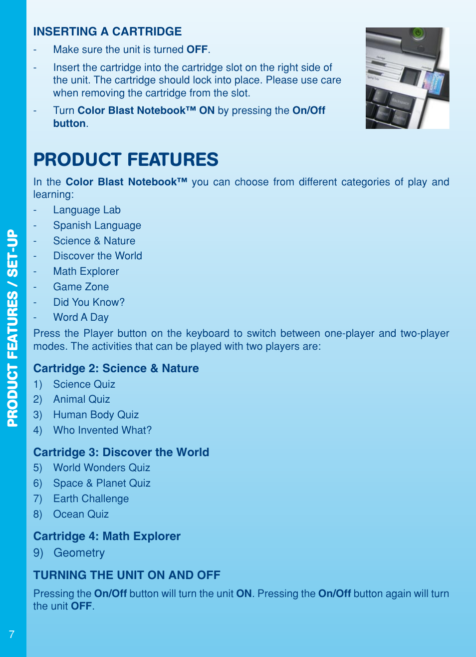 Product features, Product features / set-up | VTech Color Blast Notebook User Manual | Page 8 / 24