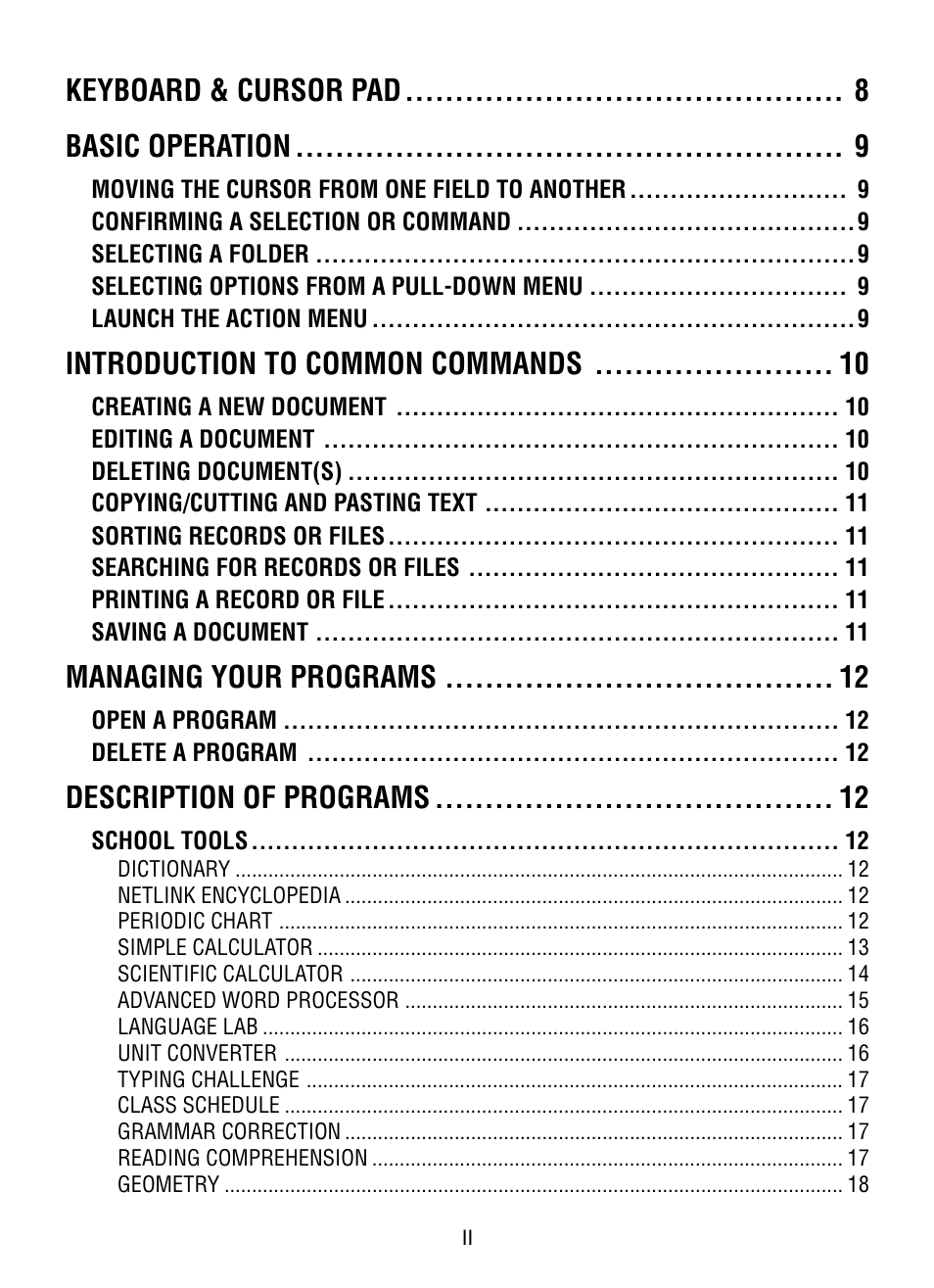 Keyboard & cursor pad basic operation, Introduction to common commands, Managing your programs | Description of programs | VTech XL Series User Manual | Page 5 / 47