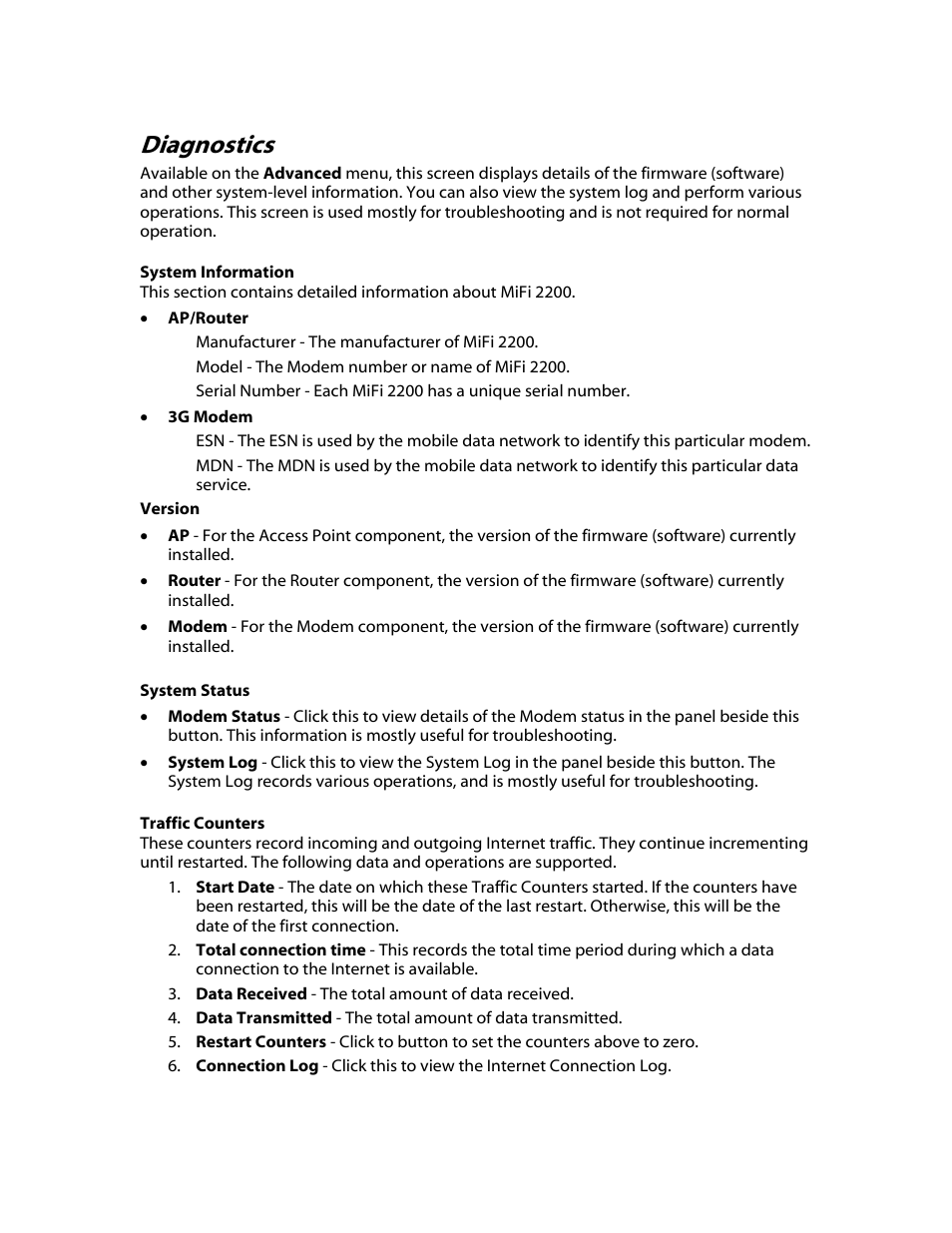 System information, Version, System status | Traffic counters, Diagnostics | Verizon MiFi 2200 User Manual | Page 35 / 50