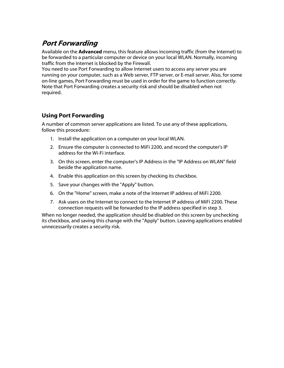 Using port forwarding, Port forwarding | Verizon MiFi 2200 User Manual | Page 37 / 50