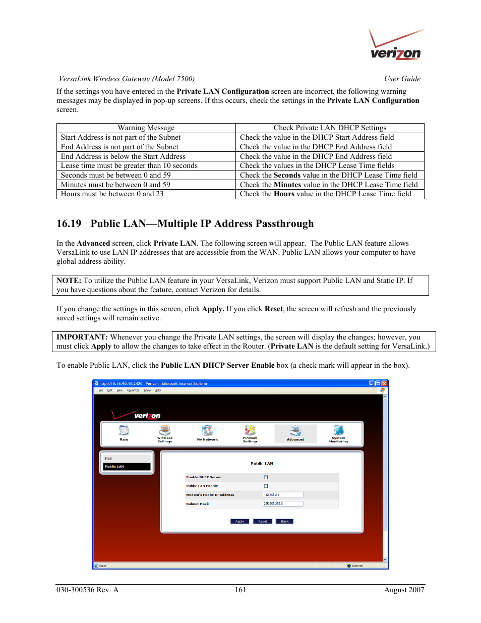 19 public lan—multiple ip address passthrough | Verizon 7500 User Manual | Page 161 / 186