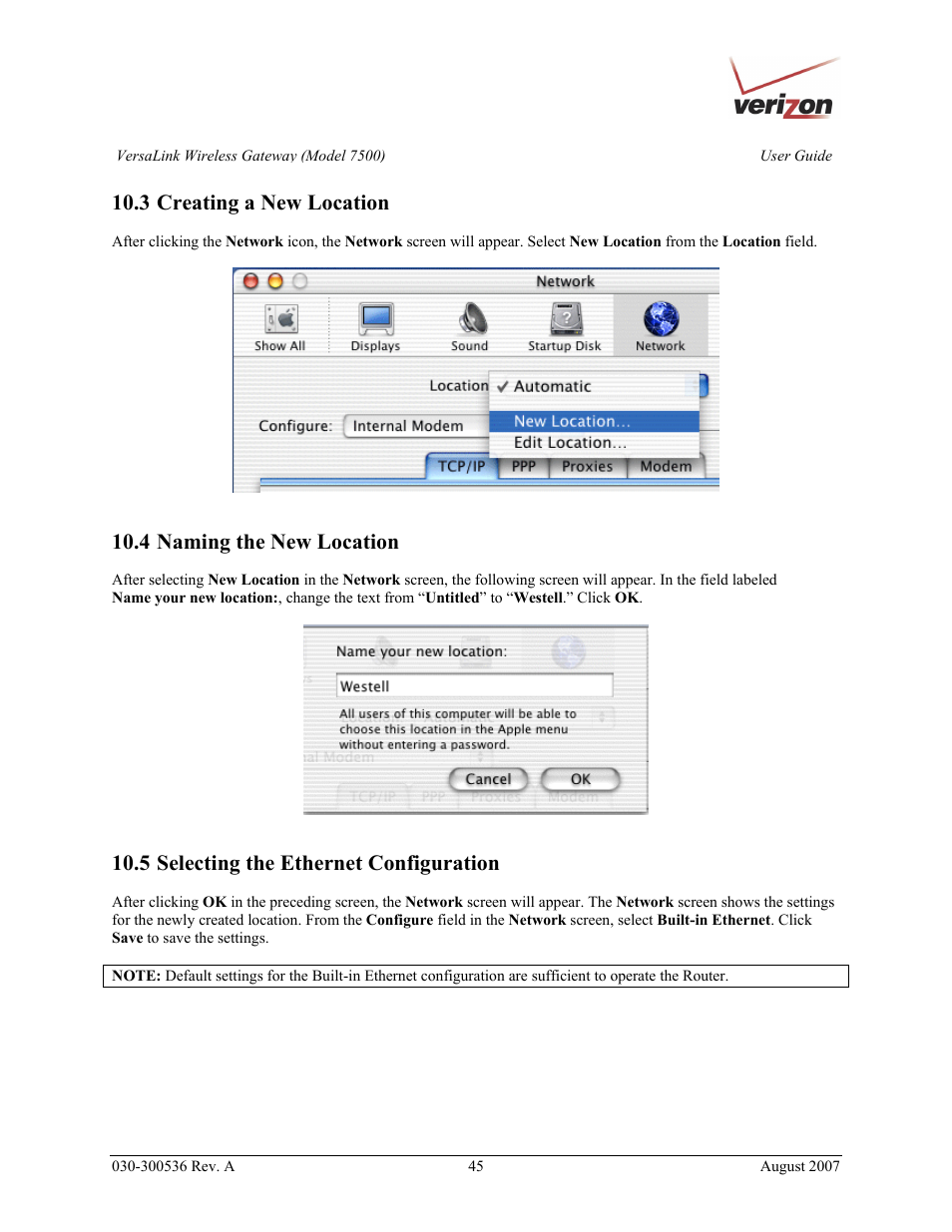 3 creating a new location, 4 naming the new location, 5 selecting the ethernet configuration | Verizon 7500 User Manual | Page 45 / 186