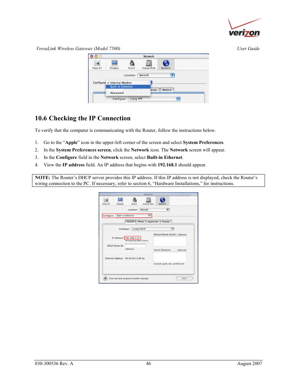 6 checking the ip connection | Verizon 7500 User Manual | Page 46 / 186