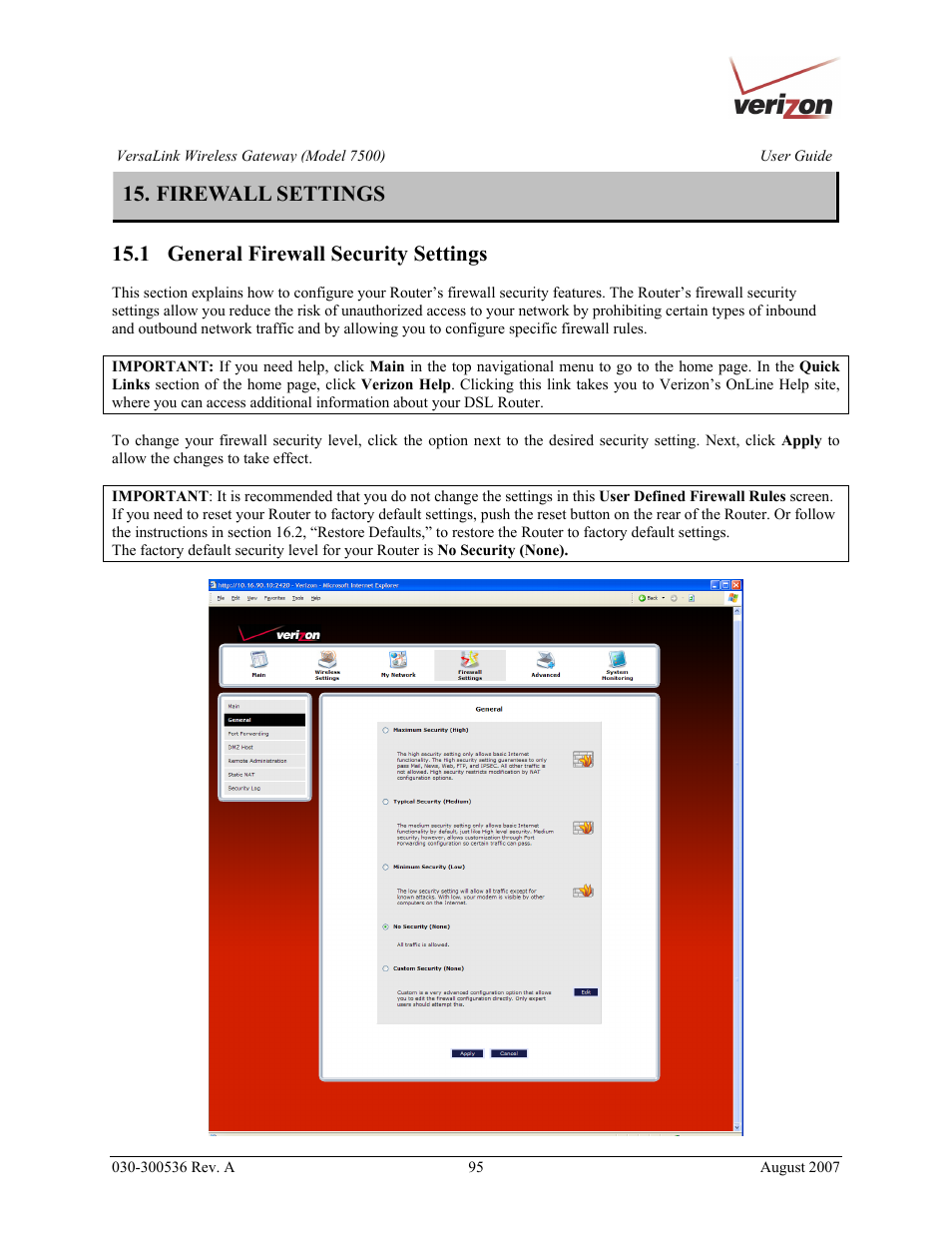 Firewall settings, 1 general firewall security settings | Verizon 7500 User Manual | Page 95 / 186