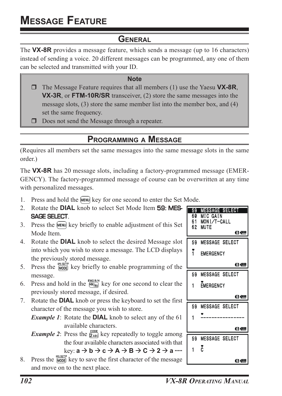 Essage, Eature | Vertex Standard VX-8R User Manual | Page 104 / 172