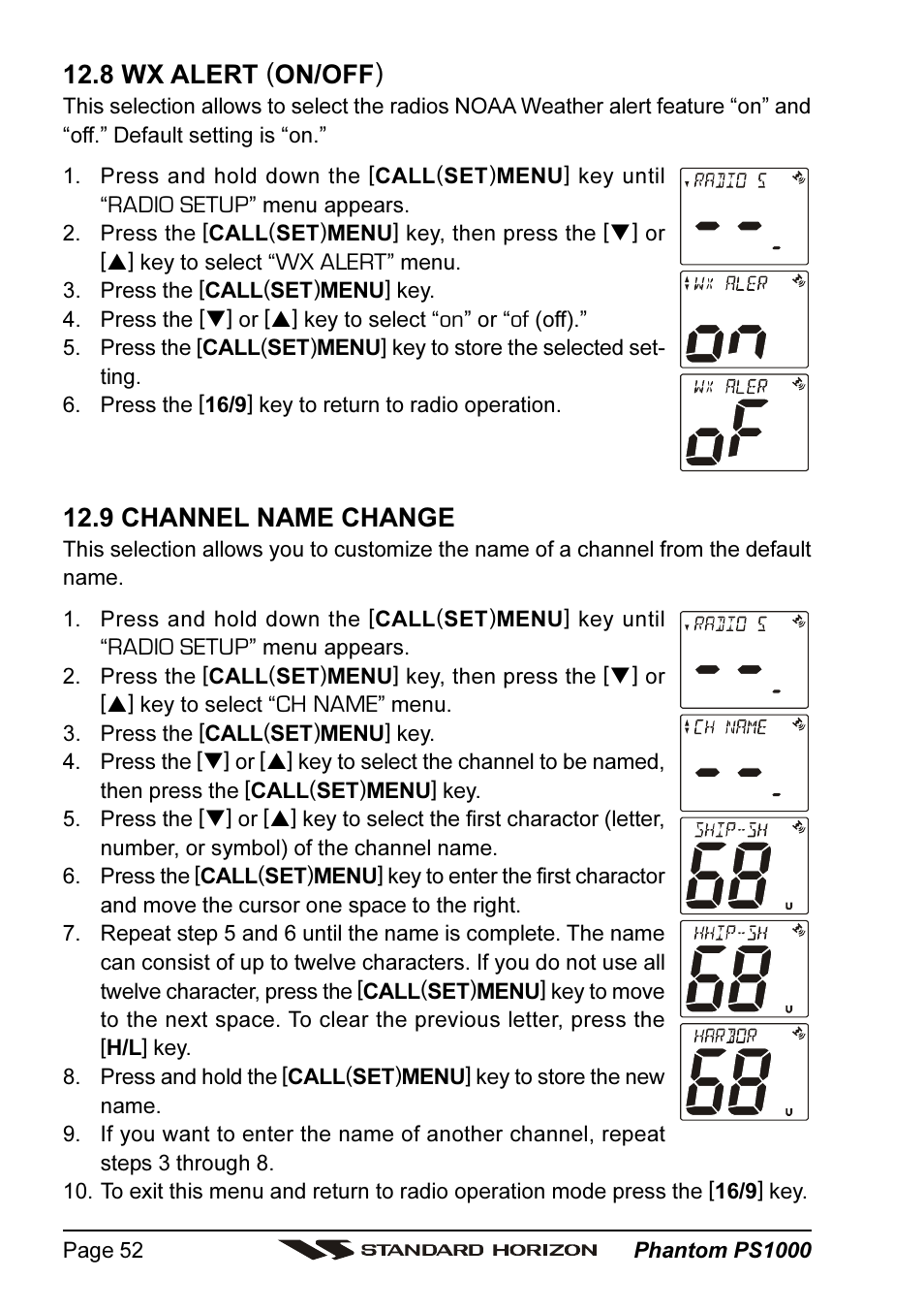 8 wx alert (on/off), 9 channel name change | Vertex Standard PS1000 User Manual | Page 52 / 68