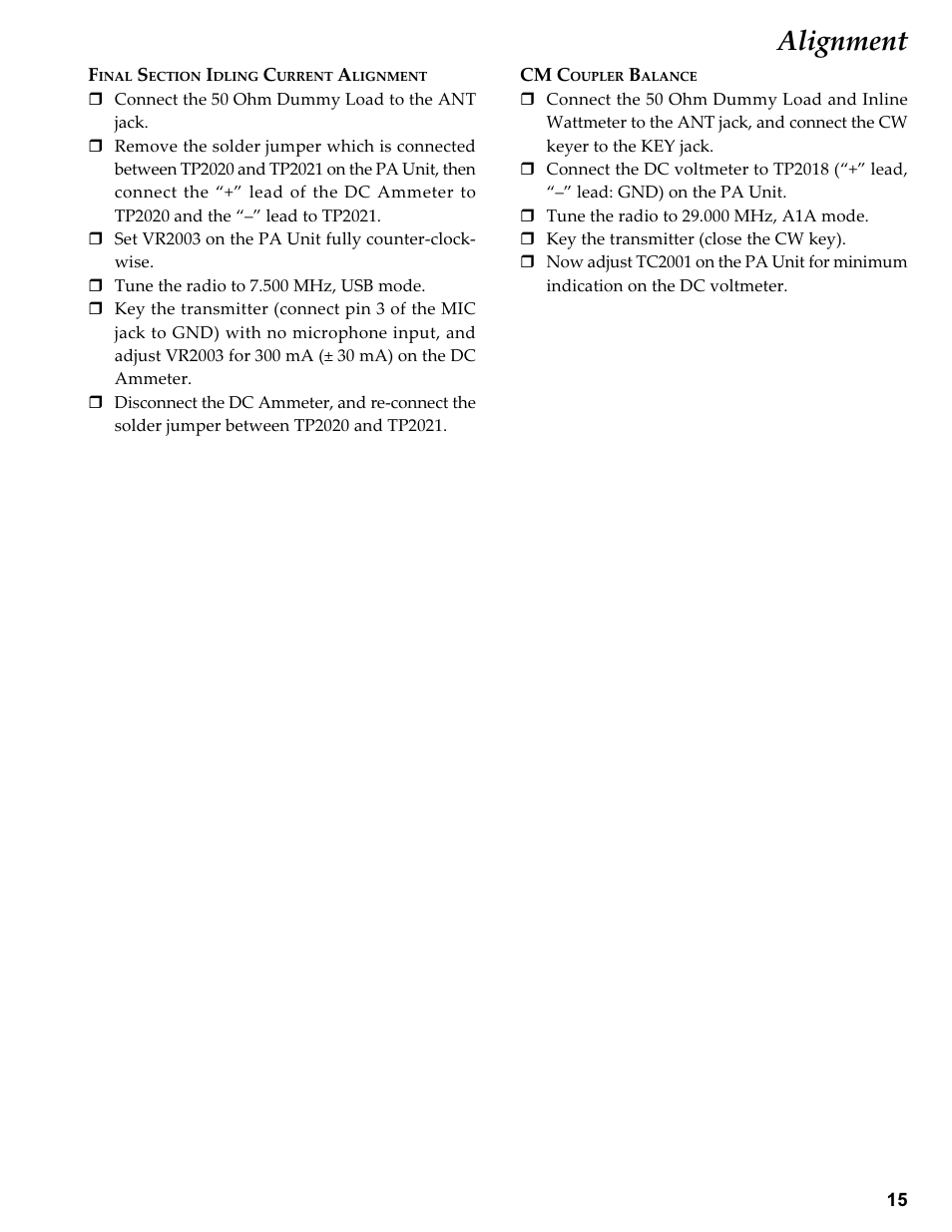 Final section idling current alignment, Cm coupler balance, Alignment | Vertex Standard TRANSCEIVER VX-1700 User Manual | Page 15 / 102