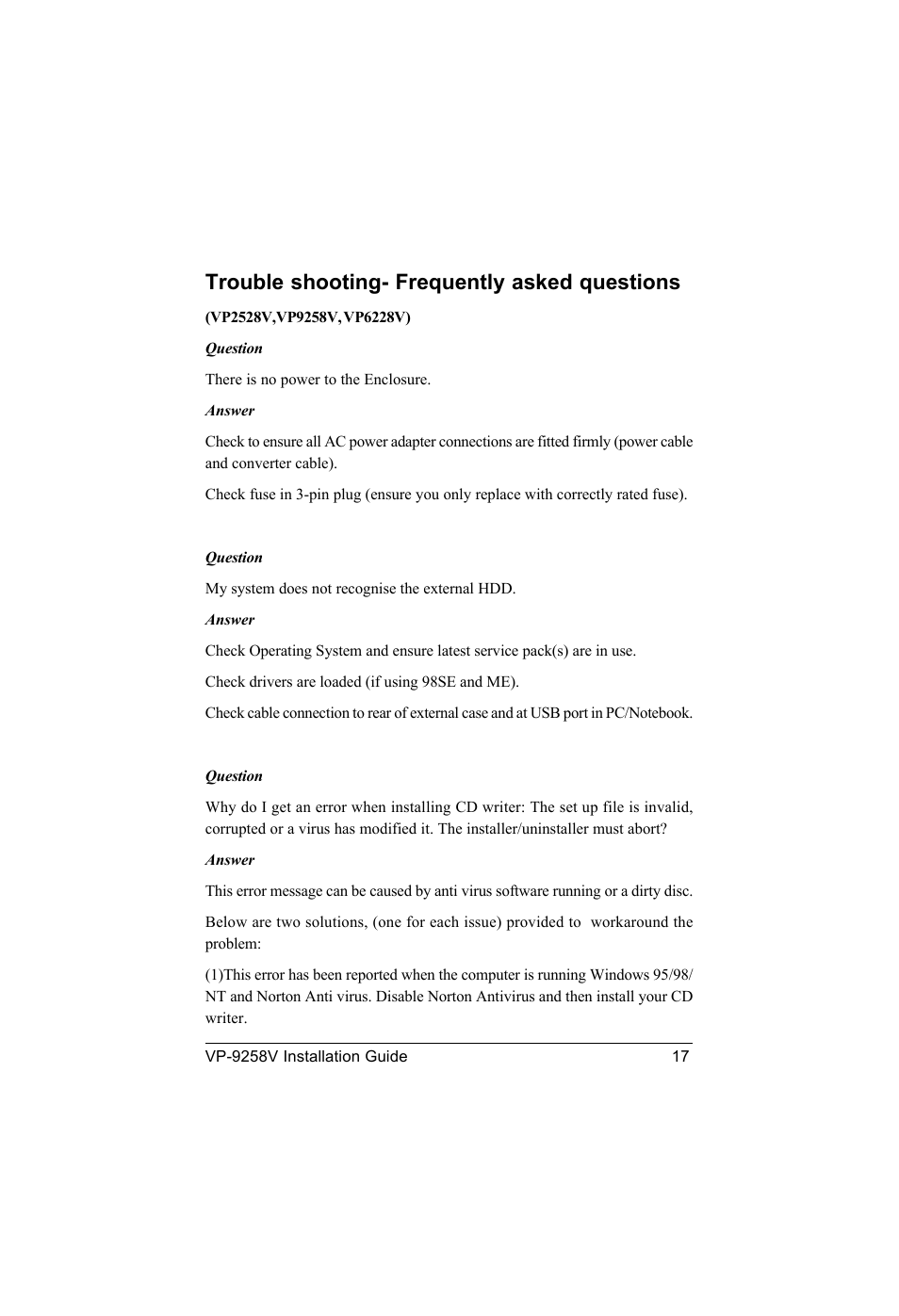 Trouble shooting- frequently asked questions | VIPowER Portable 3.5 in. External Enclosure VP-9258V User Manual | Page 19 / 24