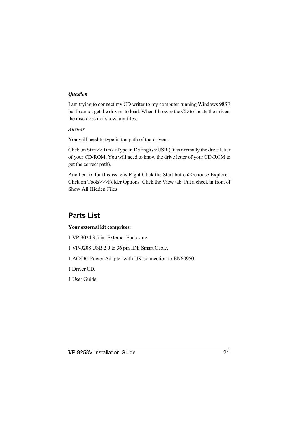 Parts list | VIPowER Portable 3.5 in. External Enclosure VP-9258V User Manual | Page 23 / 24