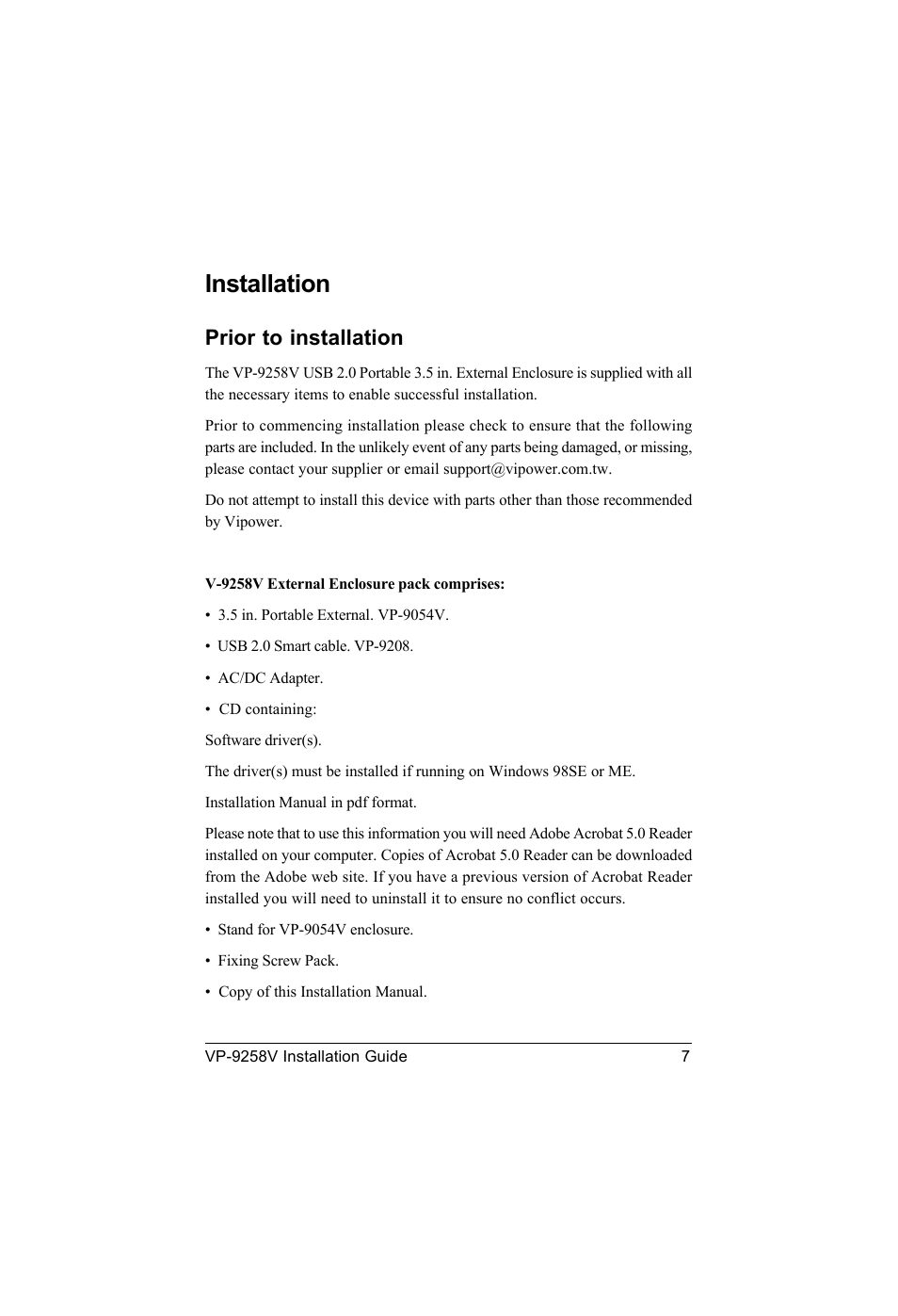 Installation, Prior to installation | VIPowER Portable 3.5 in. External Enclosure VP-9258V User Manual | Page 9 / 24
