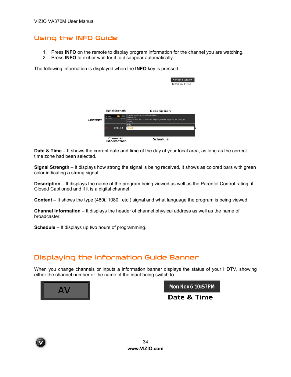Using the info guide, Displaying the information guide banner | Vuzix VA370M User Manual | Page 34 / 61
