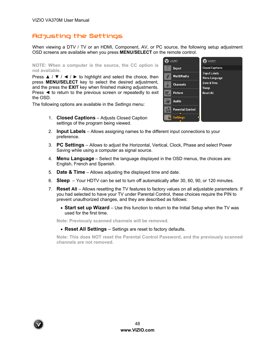 Adjusting the settings | Vuzix VA370M User Manual | Page 48 / 61