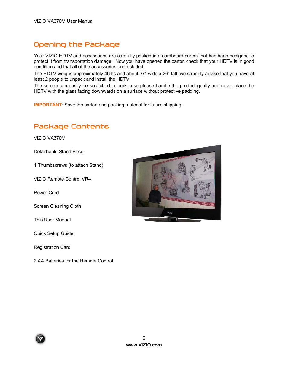 Opening the package, Package contents | Vuzix VA370M User Manual | Page 6 / 61