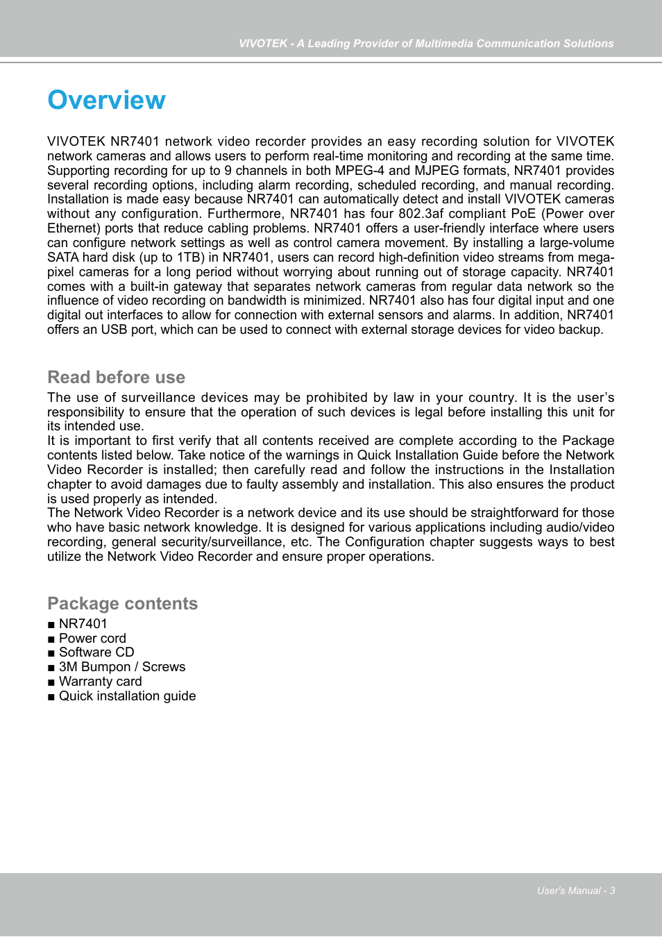 Overview, Read before use, Package contents | Vivotek NR7401 User Manual | Page 3 / 51