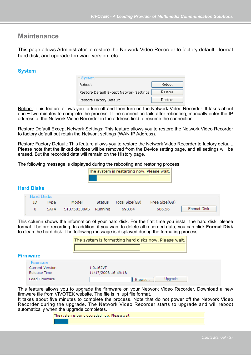 Maintenance | Vivotek NR7401 User Manual | Page 37 / 51