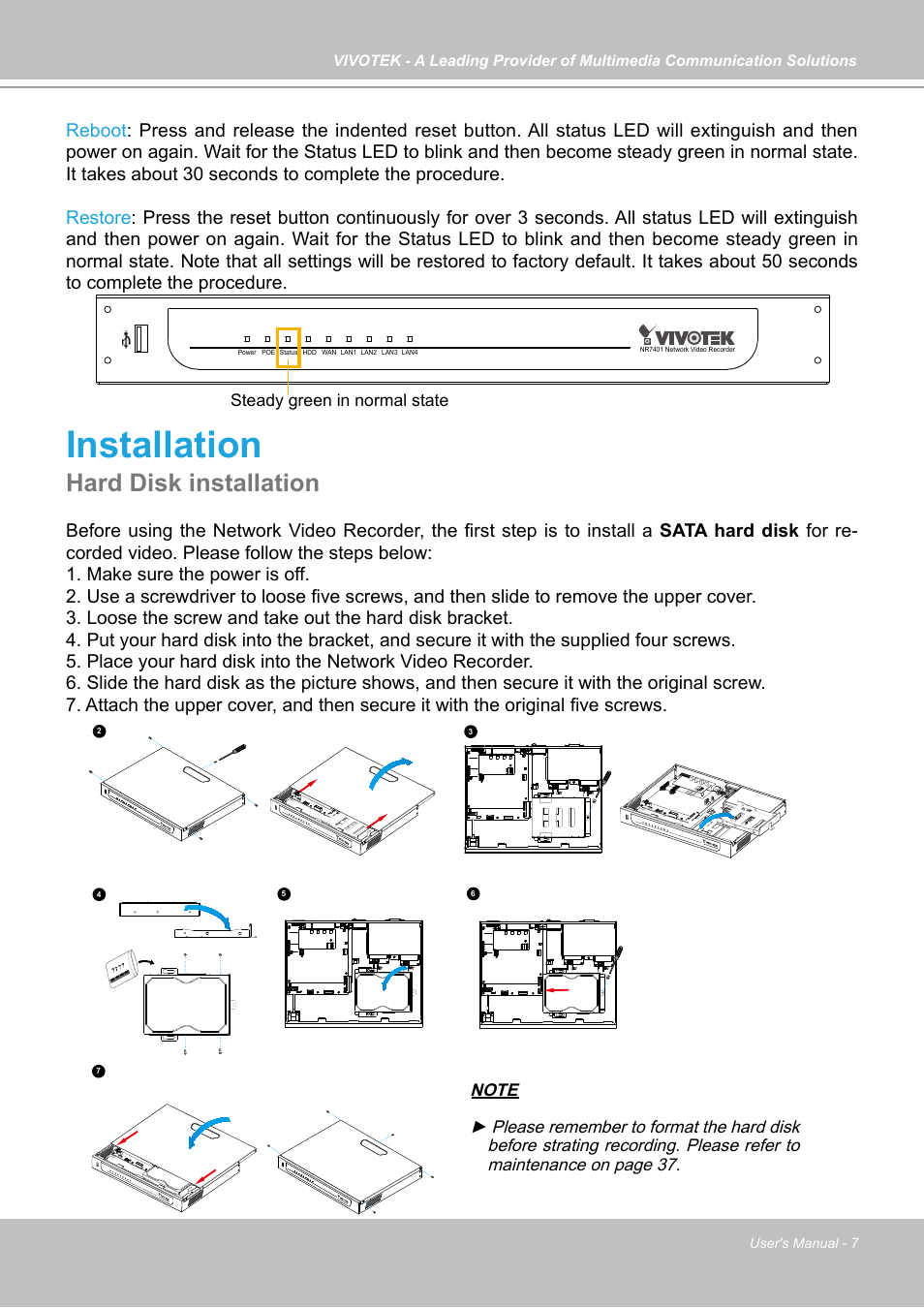 Installation, Hardware installation, Hard disk installation | Vivotek NR7401 User Manual | Page 7 / 51