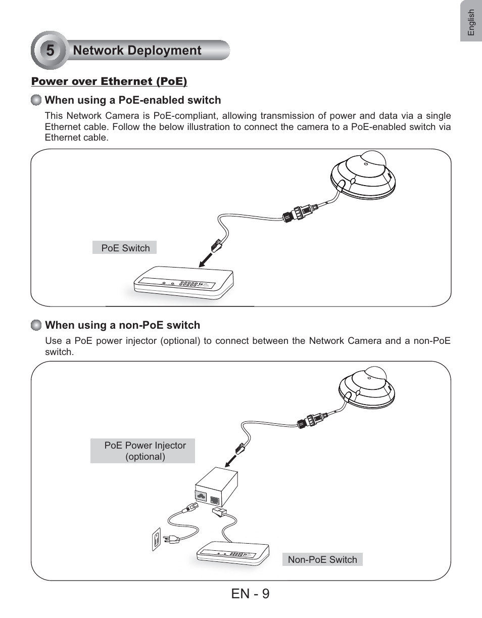 En - 9, Network deployment, Power over ethernet (poe) | When using a non-poe switch, When using a poe-enabled switch | Vivotek FD7130 User Manual | Page 10 / 14