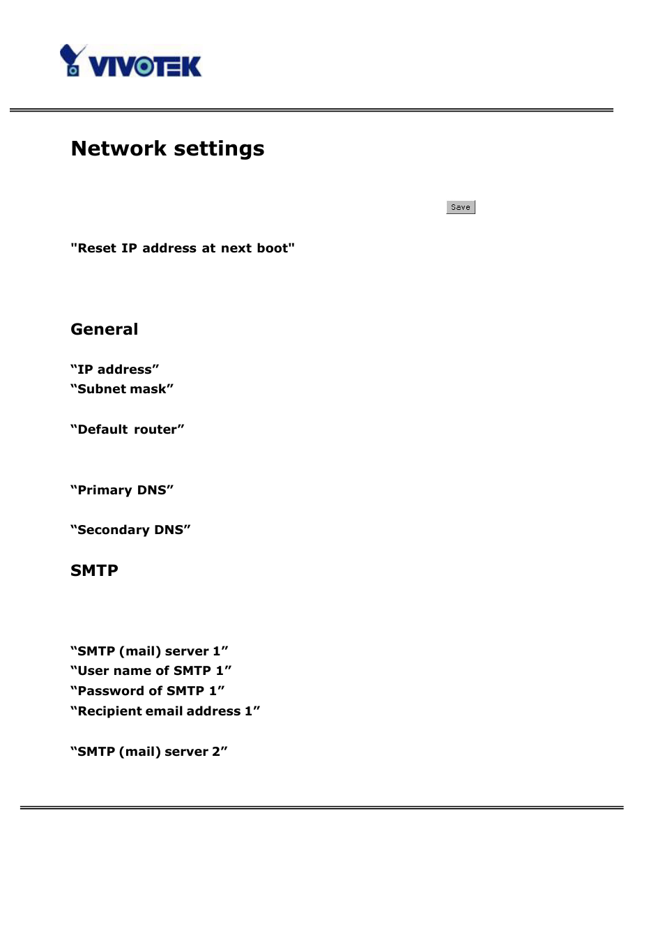 Network settings, General, Smtp | Vivotek VS3100P User Manual | Page 41 / 69