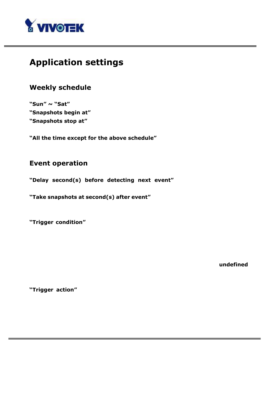 Application settings, Weekly schedule, Event operation | Vivotek VS3100P User Manual | Page 48 / 69