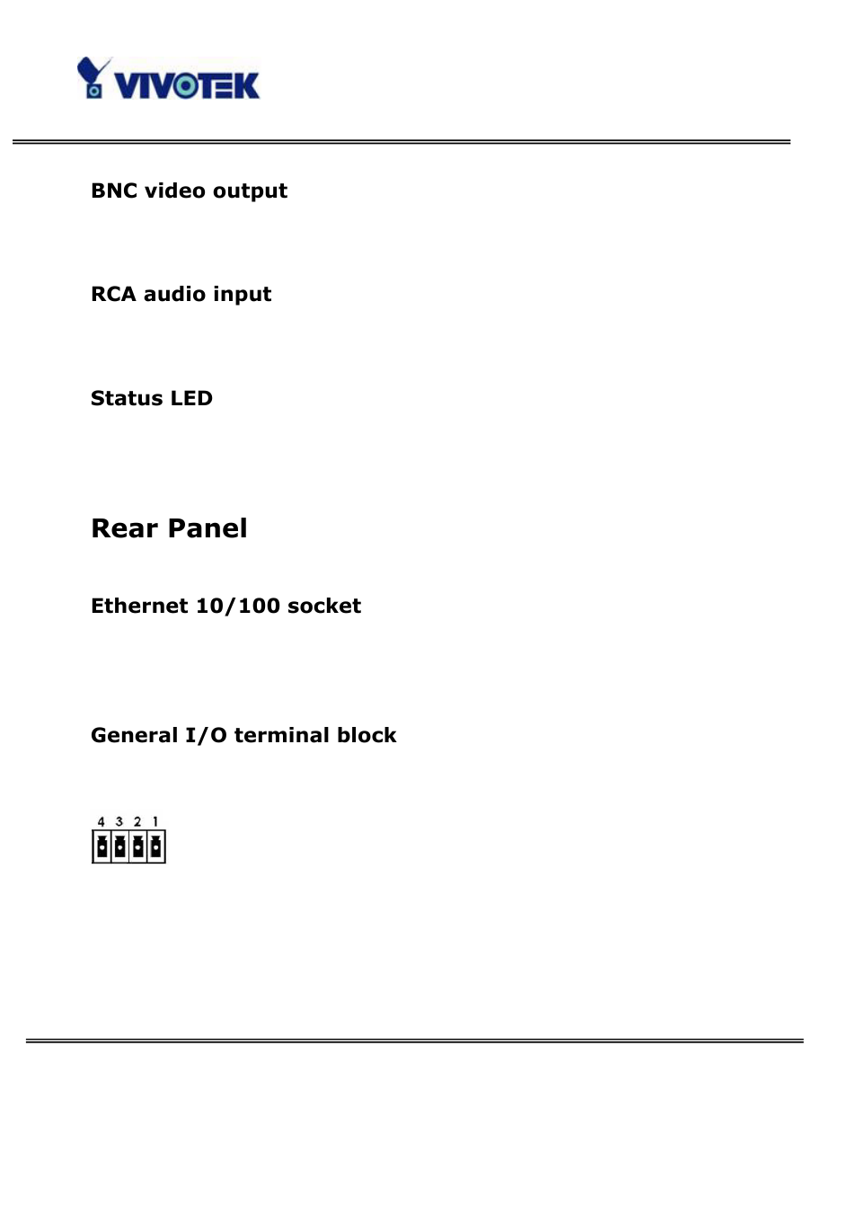 Rear panel, Bnc video output, Rca audio input | Status led, General i/o terminal block | Vivotek VS3100P User Manual | Page 9 / 69