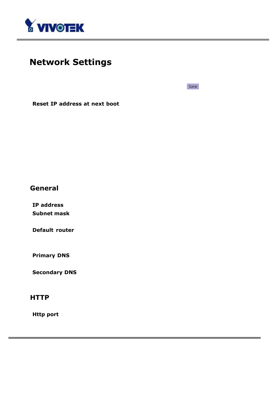 Network settings, General | Vivotek PT3114 User Manual | Page 36 / 70