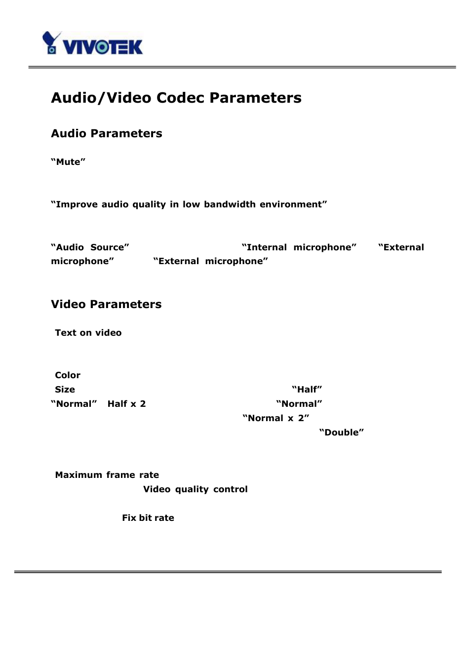 Audio/video codec parameters, Audio parameters, Video parameters | Vivotek PT3114 User Manual | Page 42 / 70