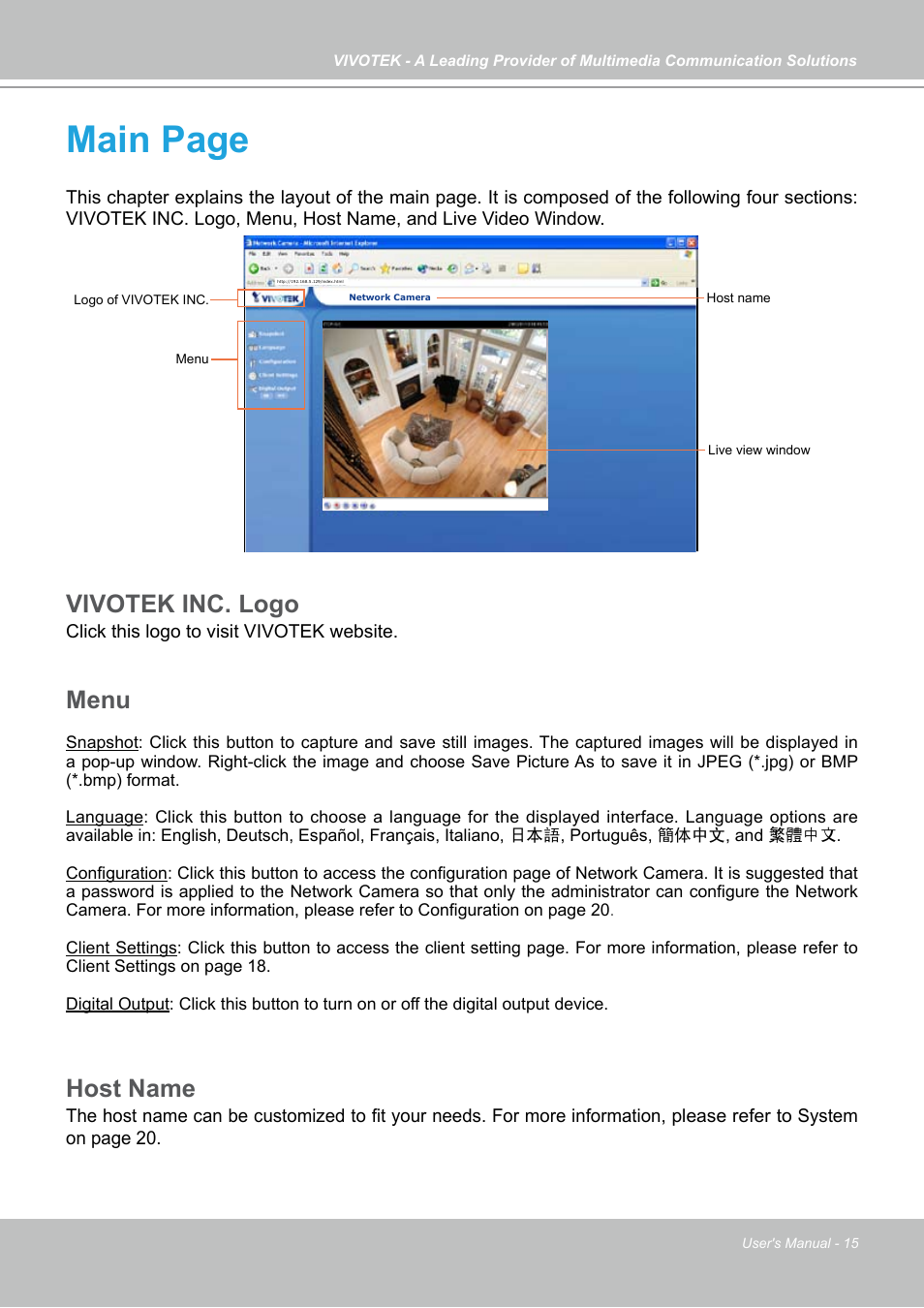 Main page, Vivotek inc. logo, Menu | Host name | Vivotek IP7133 (WIRED) User Manual | Page 15 / 90