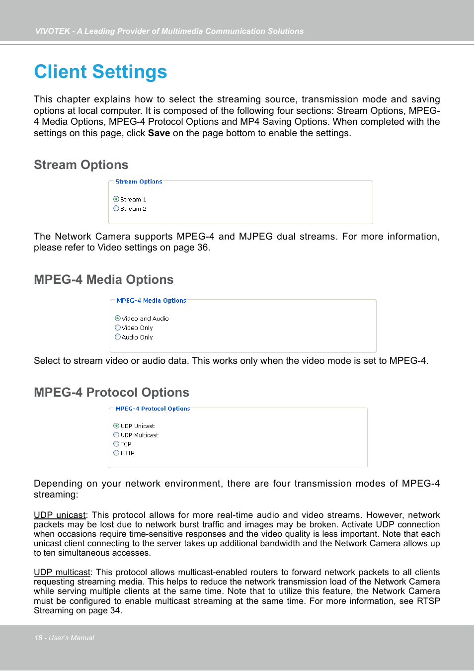 Client settings, Stream options, Mpeg-4 media options | Mpeg-4 protocol options | Vivotek IP7133 (WIRED) User Manual | Page 18 / 90