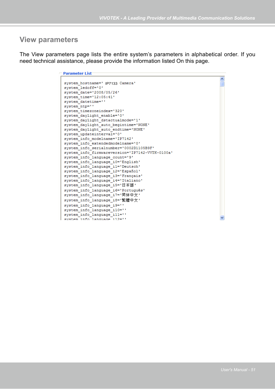 View parameters | Vivotek IP7133 (WIRED) User Manual | Page 51 / 90