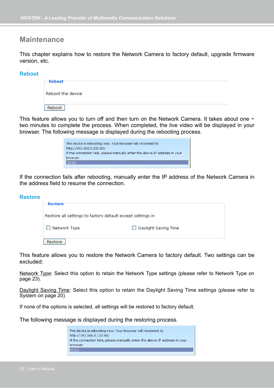 Maintenance | Vivotek IP7133 (WIRED) User Manual | Page 52 / 90