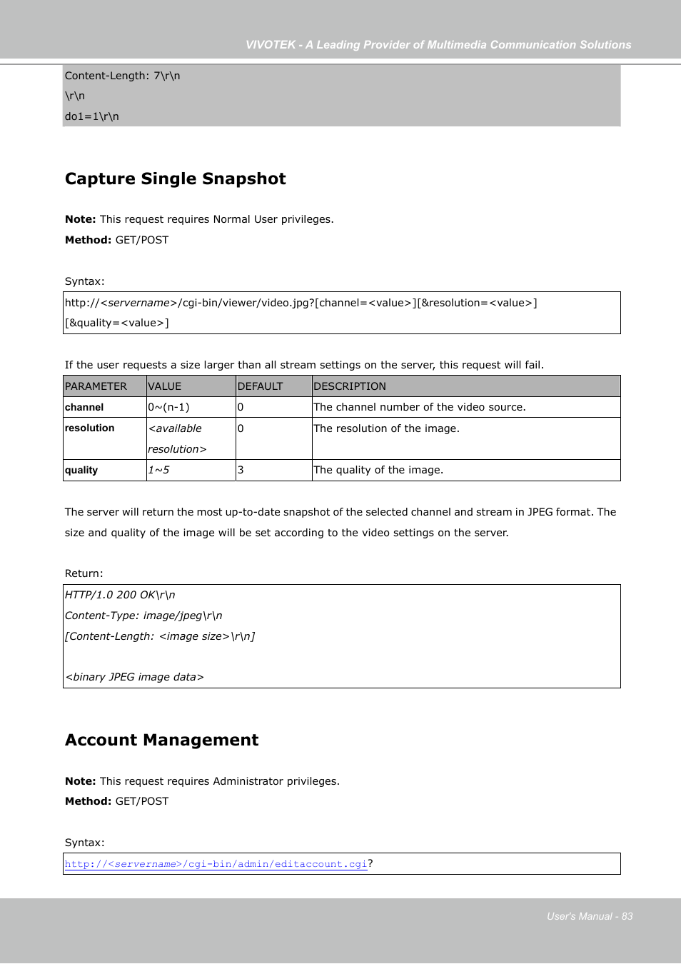 Capture single snapshot, Account management | Vivotek IP7133 (WIRED) User Manual | Page 83 / 90